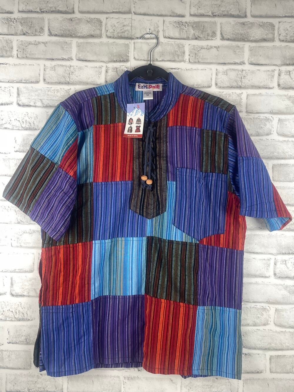 EzHippie Patchwork Shirt Mens M New With Tags Festival Cotton Lace Up Grandad